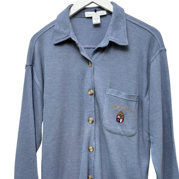THE LIMITED Waffle Knit Top XXL Womens Blue Polo Shirt Long Sleeve Crest Logo Y2 - Picture 2 of 8